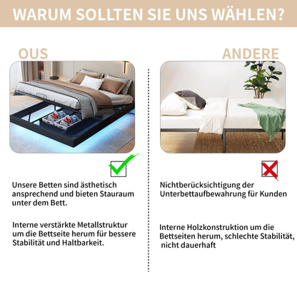 Anajqaqia Hängebettrahmen, 160 x 200 cm, schwarz, mit LED-Lichtleiste und Aufbewahrung der Gasdruckstange