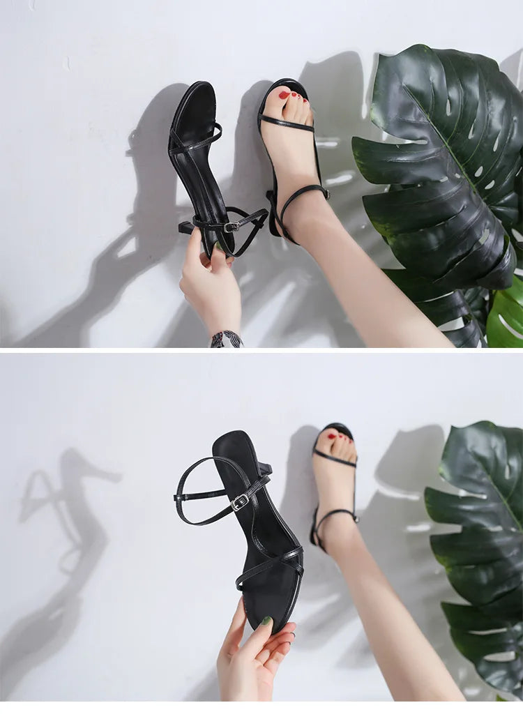 2024 Women's Black Evening Sandals | Genuine Leather Thin High Heels with Adjustable Ankle Strap | Stiletto Formal Wedding Shoes.