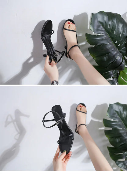 2024 Women's Black Evening Sandals | Genuine Leather Thin High Heels with Adjustable Ankle Strap | Stiletto Formal Wedding Shoes.