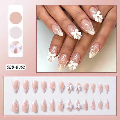 24pcs(+Tools) Pearl Bow Nude Pink Press On Nails White French Fingertips Almond Full Cover Fasle Nails New Year Nail Accessories