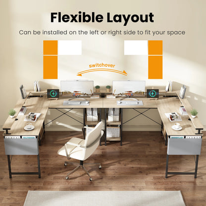 Großer Eckschreibtisch L-Form mit Regal, Monitorständer, Ablage, flexibel montierbar, Beige