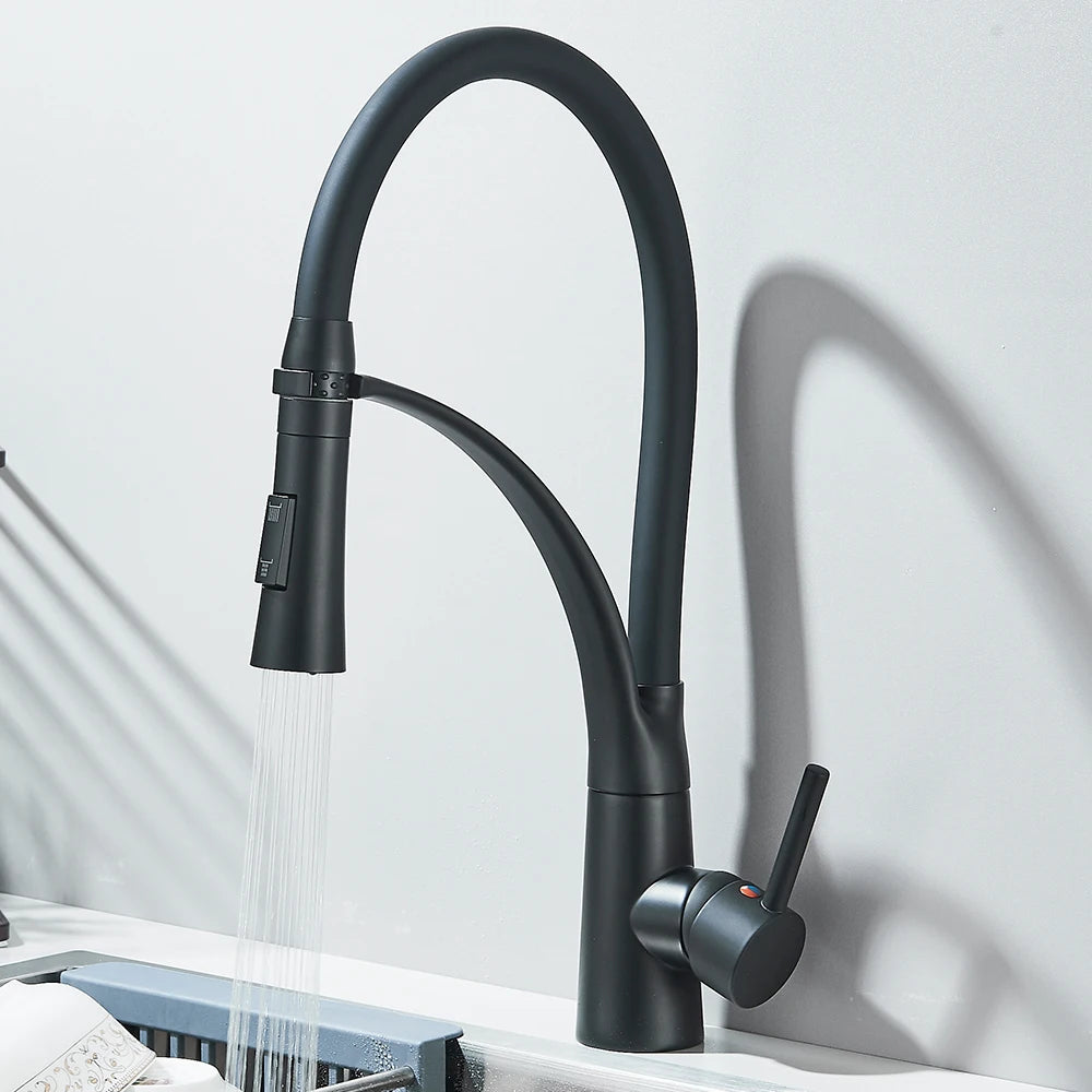 Black Rubber Kitchen Faucet Mixer Tap Rotation Pull Down Stream Sprayer Taps Hot Cold Water Tap One Handle Kitchen Tap