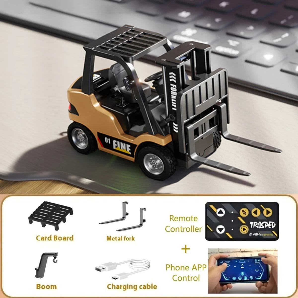 2.4G Tabletop RC Forklift Engineering Vehicle 1/64 Mini Remote Control Alloy Forklift Desktop Toys Model Gift for Boys.