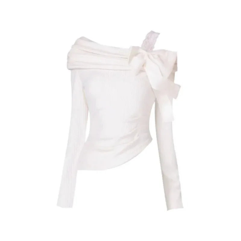Morning Collar French Style One Shoulder Butterfly Knot Long Sleeve T-Shirt Women's Autumn Winter Slim Fit Inner Wear Top.
