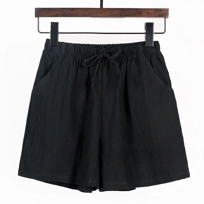 Summer Cotton Linen Shorts Women's Sports Shorts Solid High Waist Black Shorts Women Fashion Casual Basic Short.