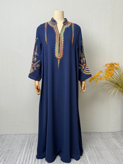 New Dubai Luxury Navy Blue Muslim Abaya Colorful Intricate Embroidery on Neckline Sleeves for Middle Eastern Weddings End Iftar.