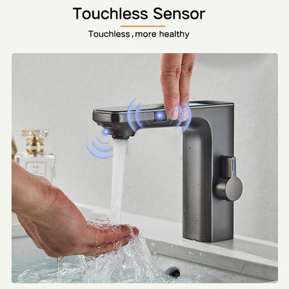 rozin Touchless Sensor Basin Faucet Smart Digital Display Bathroom Sink Faucets Grey Brass Sense Hot Cold Water Mixer Tap Crane