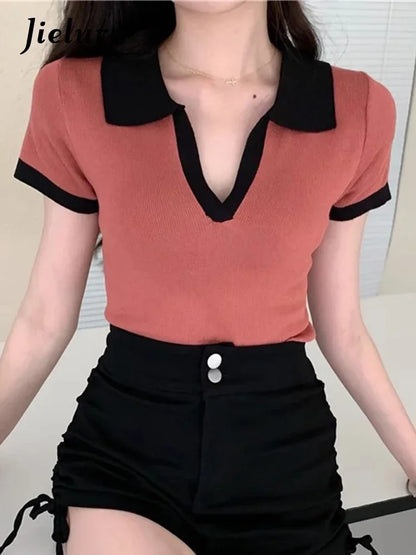 Jielur Spell Color Polo Knitting Women's Blouses Slim Sexy Short Sleeve Summer New Casual Female Blouse Chic Simple Office Lady