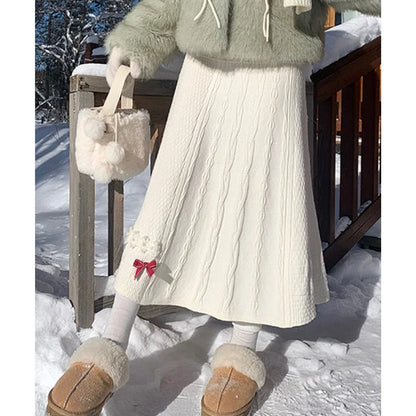 Clothes for Women Autumn Winter Japanese Style Kawaii Sweet Chic Knitted Skirts Female High Waist Solid Loose A-line Midi Skirt.
