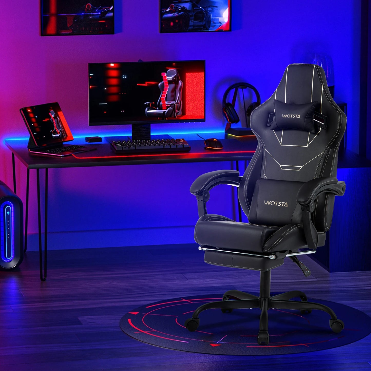 WOTSTA Gaming Chair Ergonomischer Gaming Chair Bürostuhl mit Fußstütze Racing Computerstuhl Höhenverstellbar Gepolstert Computerst