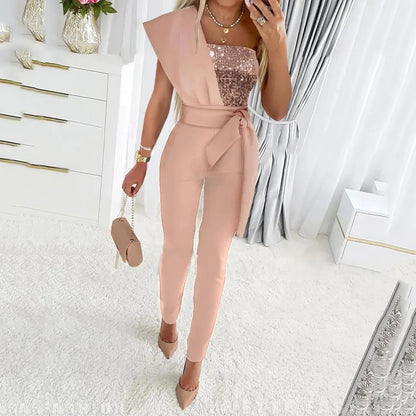 Women Jumpsuits Sleeveless Rompers Overalls Solid One Piece Pencil Pants Slim Belt Slight Strech Spliced Sequins Office Lady.