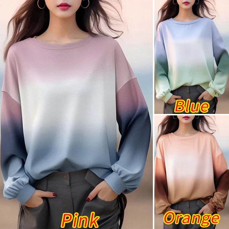ZANZEA Plus Size Sweatshirts Women Long Sleeve Autumn Fashion Hoodies Gradient Color Round Neck Causal Loose Pullovers 2025 5XL.