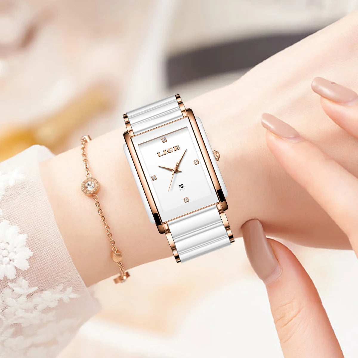 LIGE Fashion Square Quartz Woman Watches Ceramics Elegant Simple Diamond Auto Date Romantic Birthday Gift Leisure Wristwatch New.