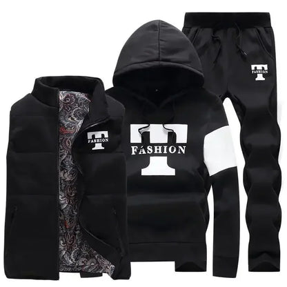3 Pieces Set Hoodies+Vest+Pants Casual Men's Track Suit Clothing Coats Winter Thick Warm Tracksuit for Men Printed Mens Set Vest.