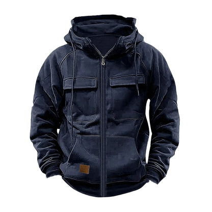 New Autumn Winter Men's Hooded Solid Hoodies Jackets Multi Pockets Male Zipper Sweatshirts Sports Outdoor Casual Hoodie Coat.