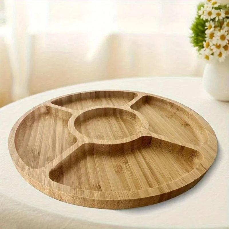 Round Bamboo Serving Tray Handmade Wood Snack Plate for Fruits Cheese Breakfast in Bed Dining Room Decor Gift.