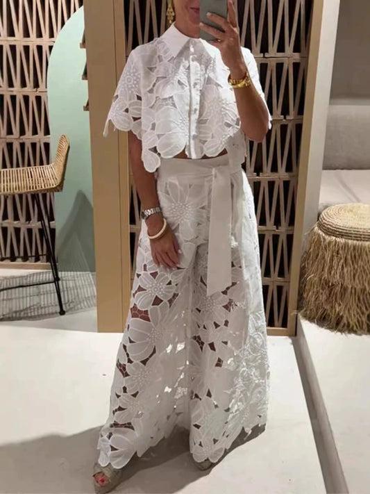 Women Set Short Sleeved Blouse Tops + Tie-up Pants Two Peics set Lace Outfit Embroidery 2025 New Retro Hollow Temperament Suit.