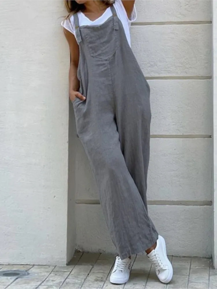 Spring Summer Jumpsuit For Women Solid Color Romper Casual Pant Pockets Button Wide Leg Strap Jumpsuits Loose Rompers Overalls.