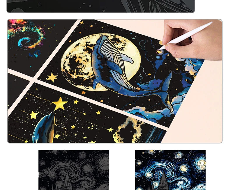 4PCS Glow in Dark Scratch Paper Animals Cards Magic Painting Art with Stylus Stress Relief Drawing Toy DIY Craft Kids Adult Gift.