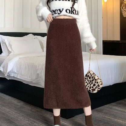 Korean Imitation Mink Plush Knitted Skirts Women Autumn Winter Thick Soft Split Pencil Skirts Elegant High Waist Bodycon Skirt.