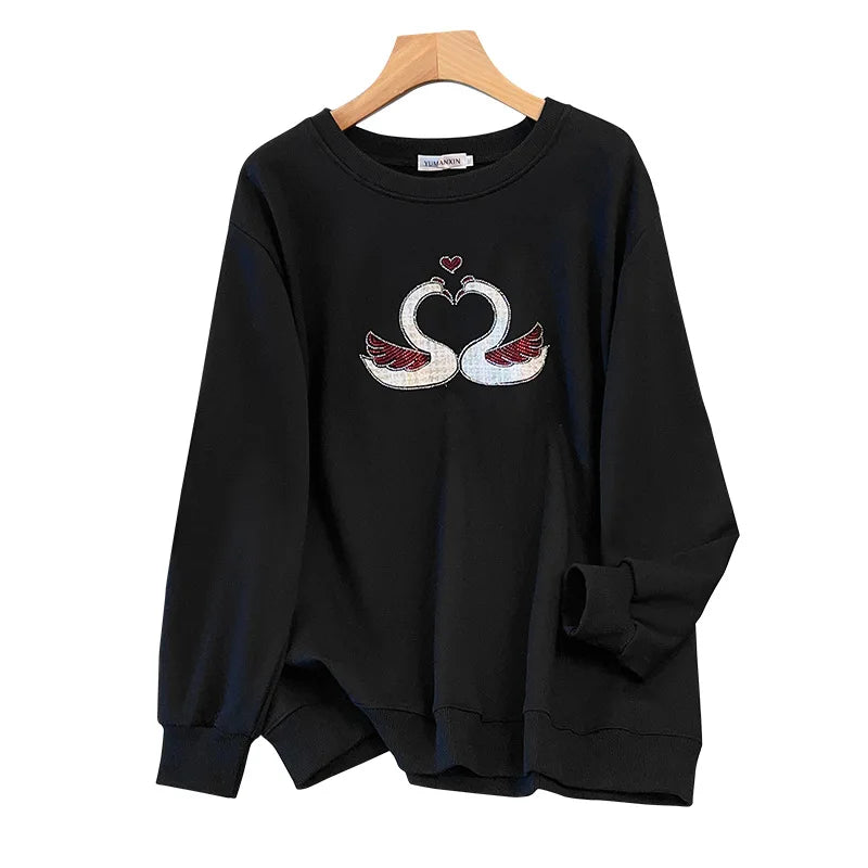 175 kg Übergröße Damen Büste 170 Herbst Lose Rundhals Langarm Diamant Schwan Sweatshirt Schwarz Weiß 5XL 6XL 7XL 8XL 9XL.
