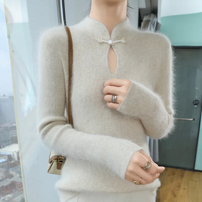 2024 autumn winter new 100% mink cashmere sweater women's pullover slim-fit long sleeve solid color stand collar bottom knitwear