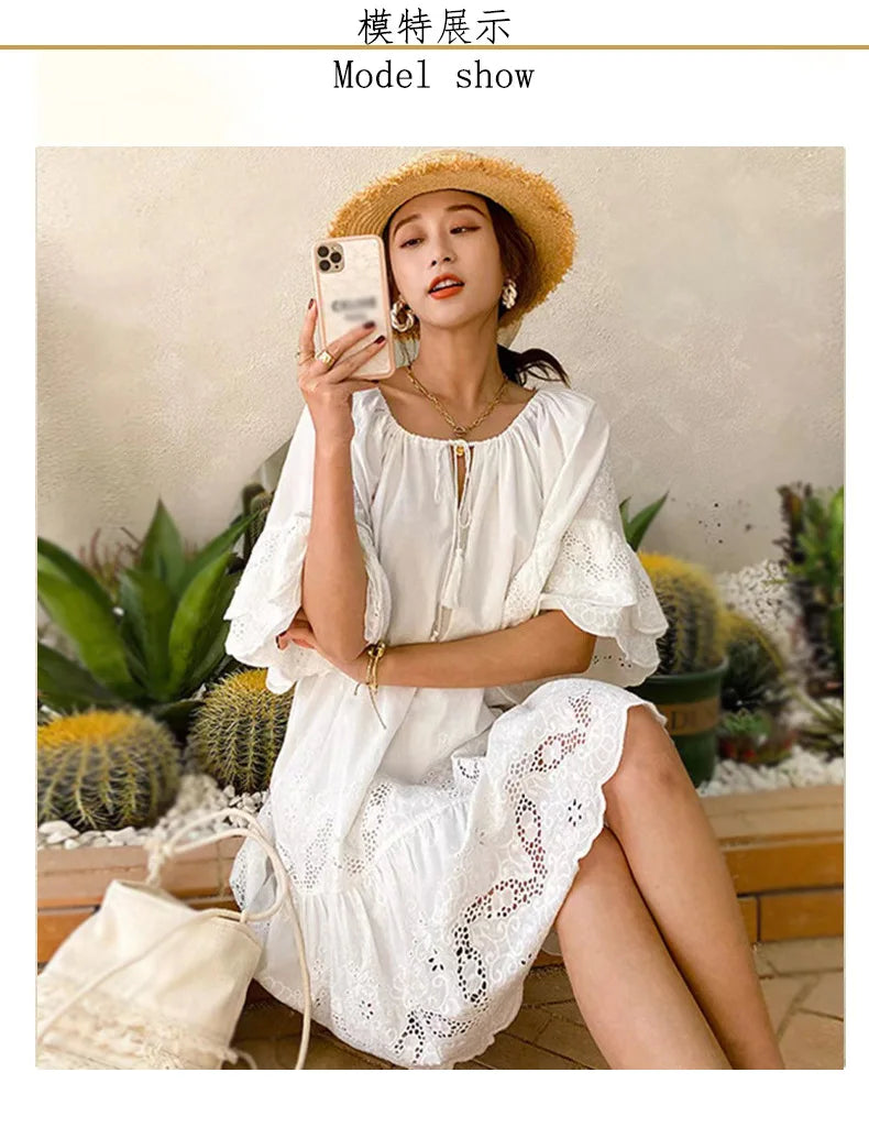 2024 frühling Sommer Kurzes Kleid Einfarbig Baumwolle Lose Taille Weiß Spitze Pullover Urlaub Stil Kleid.