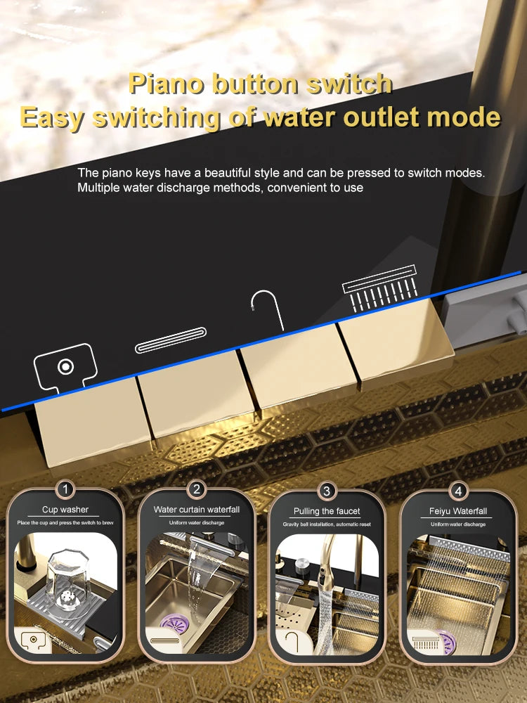 Golden Stainless Steel Kitchen Sink Waterfall Outlet Large Single Sink Digital Display Dishwashing and Vegetable Sinks