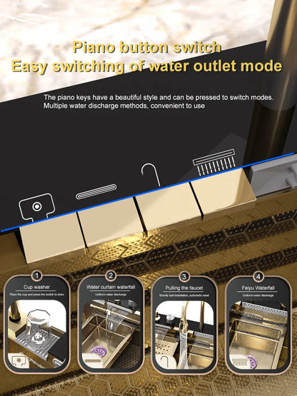 Golden Stainless Steel Kitchen Sink Waterfall Outlet Large Single Sink Digital Display Dishwashing and Vegetable Sinks