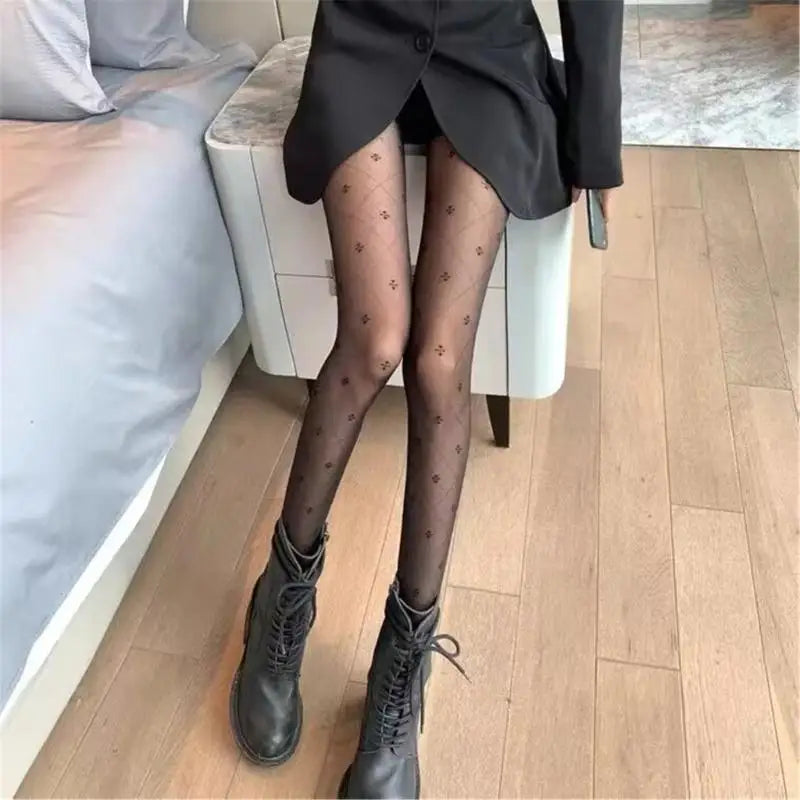 Elegant Four Leaf Jacquard Sheer Pantyhose Soft Stretchy Mesh Tights for Women.