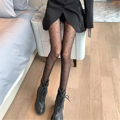 Elegant Four Leaf Jacquard Sheer Pantyhose Soft Stretchy Mesh Tights for Women.