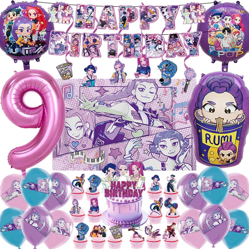 K Pop Dämonenjäger Party Ballon Kind Mädchen Alles Gute zum Geburtstag Party Dekoration Set 1-9. Nummer Ballon Banner Hintergrund Babyparty.