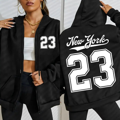 New York Number 23 Art Letter Printing Women Zipper Hoodie Fashion Hoodies Fleece Sportswears Autumn Casual Female Hoody.