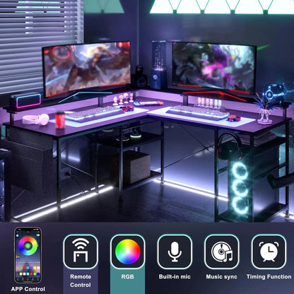 COSYHOMES - L-förmiger Computertisch, 2-stufiger, mit EU-Steckdose & RGB-Beleuchtung, 140x140x85cm