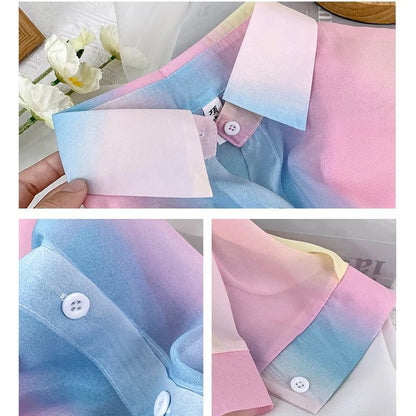 Irregular Gradient Rainbow Long Sleeved Shirt And Blouses Thin Youthful Women's Clothing Loose Top Pink Casual Transparent New.
