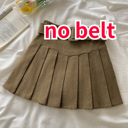 Pleated Mini Skirts Women Japan Students Corduroy Preppy Style Autumn Winter Basic Solid Bottoms Chic Vintage JK Slim All-match