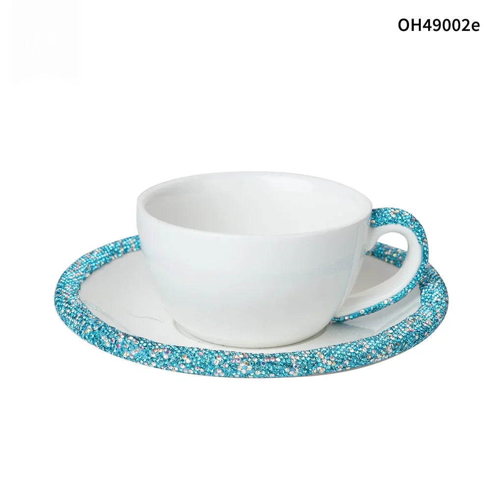 1 Set 210ml Cappuccino Coffee Cup Set Sparkling Rhinestone Ceramic Mugs With Saucer  Afternoon Tea Cup Dessert Plate Tablewar.