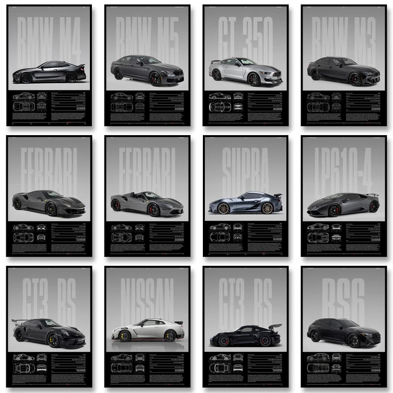 Black & White Famous Cars Posters Classic Car Photography Print Man Cave Canvas Painting Wall Art Pictures for Home Decoration.