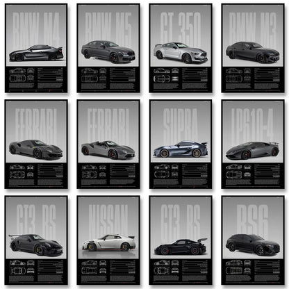 Black & White Famous Cars Posters Classic Car Photography Print Man Cave Canvas Painting Wall Art Pictures for Home Decoration.