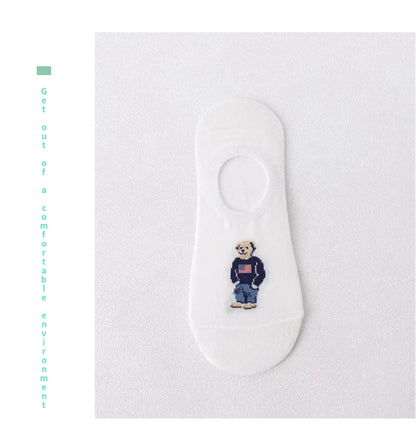 5 Pairs of Super Cute Bear Embroidered Cartoon Bear Boat Socks, Soft and Comfortable, Sweat Wicking and Versatile Short Socks.