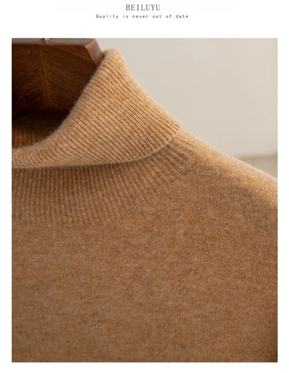 Men 100% Merino Wool Sweater Turtleneck Knitted Pullover Cashmere Warm Solid Color Clothes Business Bottoming Tops Autumn Winter.