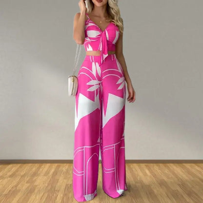 Elegant Two Piece Outfits For Women 2025 Sexy V-Neck Strap Backless Lace-up Slim Crop Top & Wide Leg Pants Sets Summer Lady Suit.