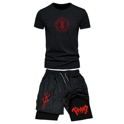 Men's Sports Streetwear Summer Breathable Casual T-shirt Set Outdoor Fitness 2-in-1 Compression Shorts Workout Track Clothes.