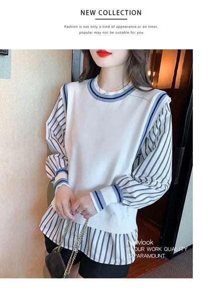 Autumn Preppy Style Patchwork O-neck Fake Two Pieces Top Tee Female Casual Striped Long Sleeve Sweatshirts Women Clothes Tshirt.