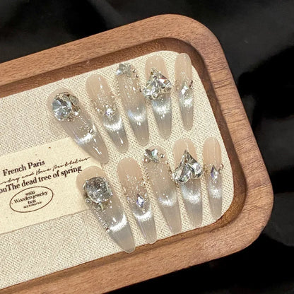 10pcs Pink Cat Eye False Nails 3D Butterfly Fake Nails Diamond Pearl Press on Nails Gradient French Glue on Nail Almond Nail Art.