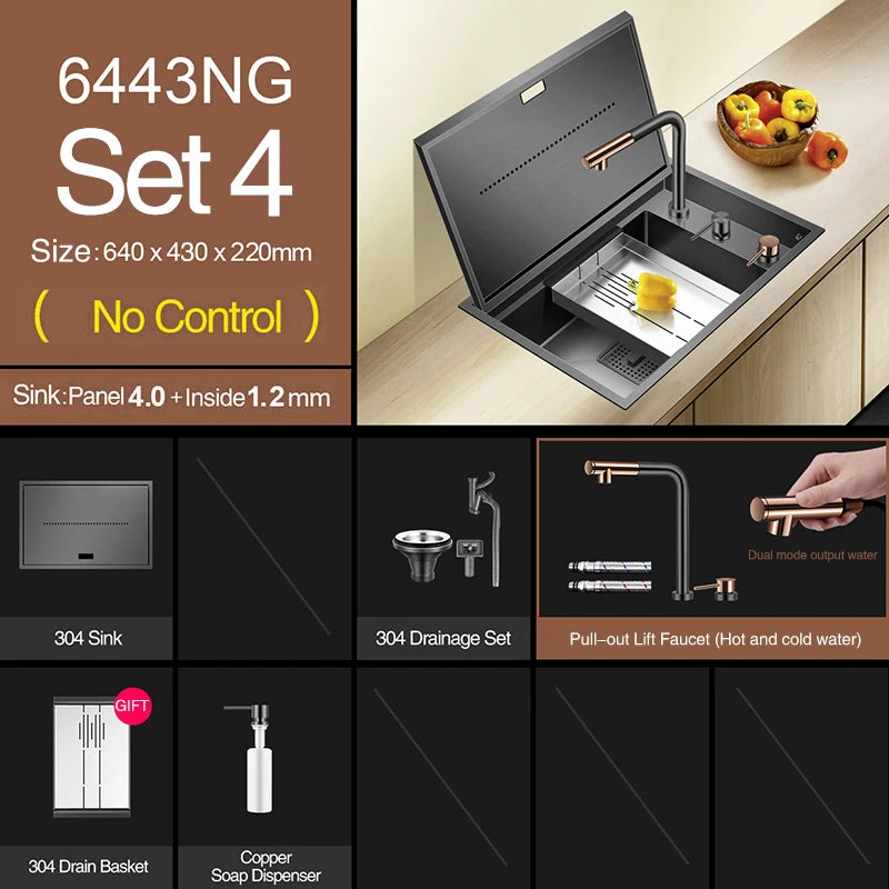 Nanometer Black Hidden kitchen Sink SUS 304 Stainless Steel 4mm Thickness Flip Cover Hidden Handmade kitchen Sinks