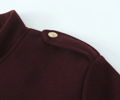 ZBZA Women's Retro Wine Red Cropped Jacket Stand Collar Long Sleeve Buttoned Epaulettes Patch Pocket Coat Fall Winter New Jacket.