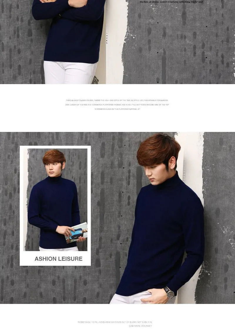 Cashmere Wool Solid Autumn Winter Men's Warm Turtleneck Knit Loose Long Sleeve Sweater Casual Comfortable Pullover Thick Sweater.