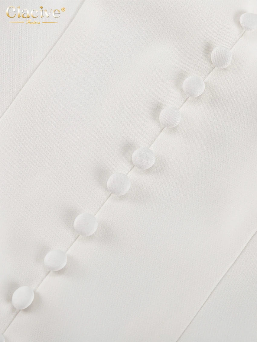 Clacive Sexy schlankes weißes Damenkleid 2025, modisches V-Ausschnitt, lange Ärmel, knöchellanges Kleid, elegantes, klassisches, geschlitztes Damenkleid.