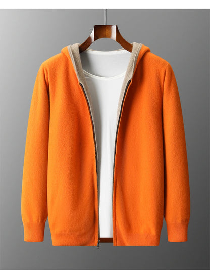 Autumn Winter Pure Cashmere Sweater Double-sided Cardigan Men's Casual Zipper Thickened Cashmere Knitted Hooded Sweater Coat.